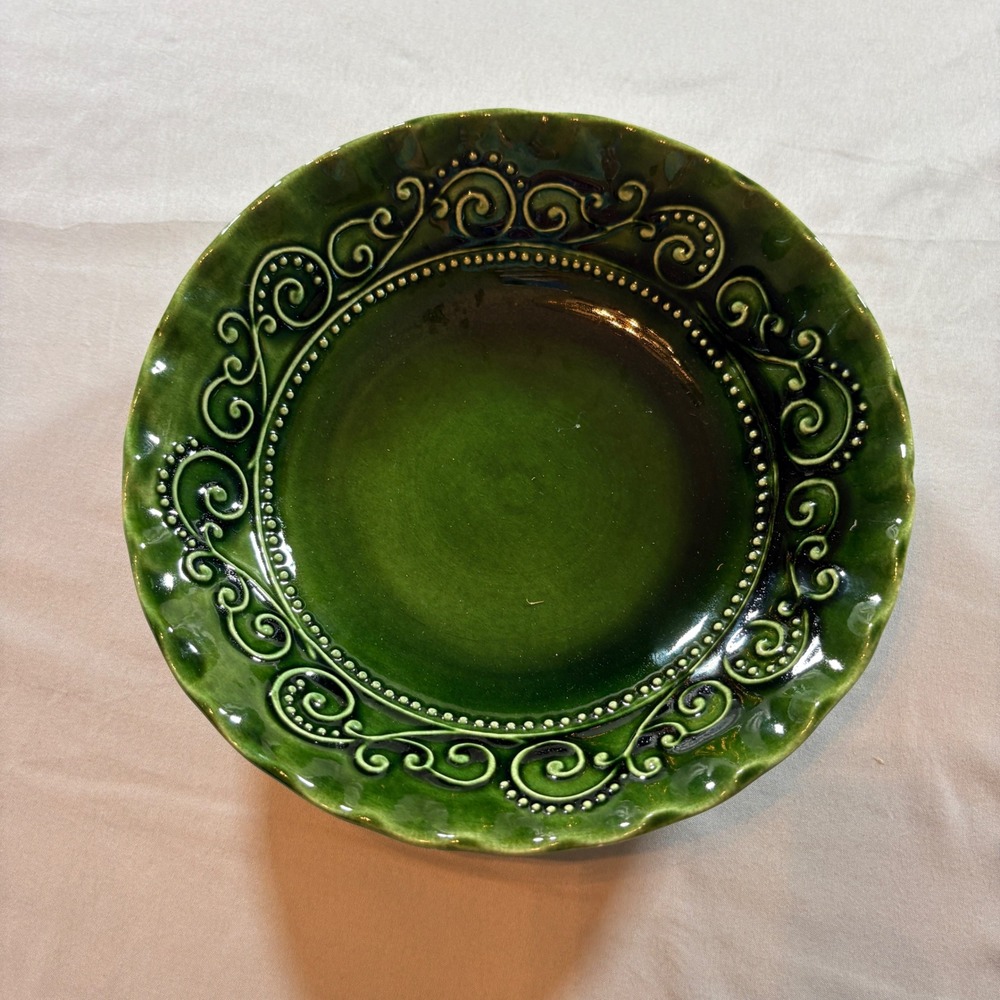 Maioliche Jessica Pasta Bowl Green Italian Ceramic Embossed Scroll 9.25in